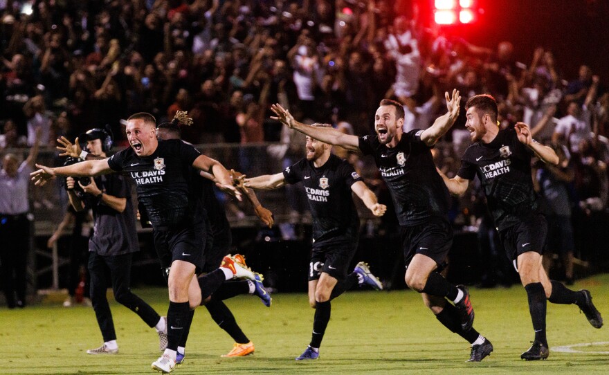 Sacramento Republic FC Players celebrate their U.S. Open semifinal overtime win.