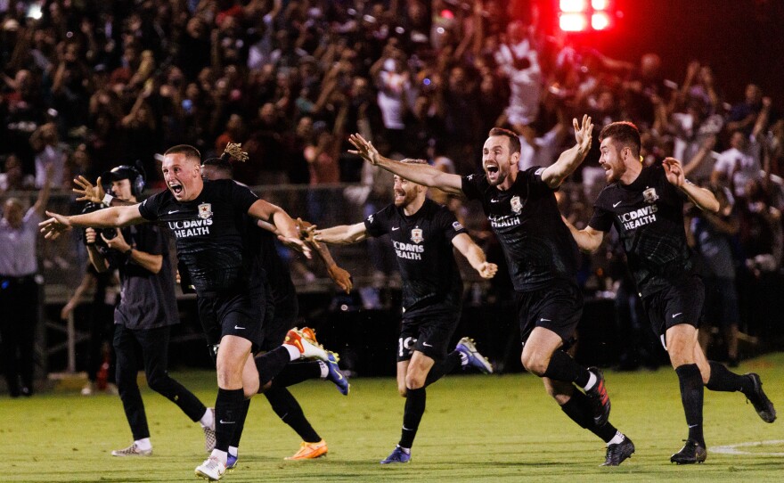 Sacramento Republic FC Players celebrate their U.S. Open semifinal overtime win.