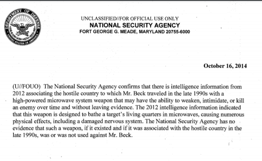 A 2014 letter from the NSA to Michael Beck acknowledging that there's U.S. intelligence indicating an unnamed foreign country has a microwave weapon.