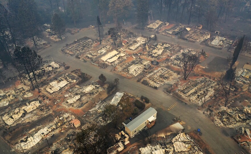An aerial view of a neighborhood destroyed by the Camp Fire in Paradise, Calif. Fueled by high winds and low humidity, the wildfire ripped through the town, charring more than 140,000 acres and killing more than 70 people.