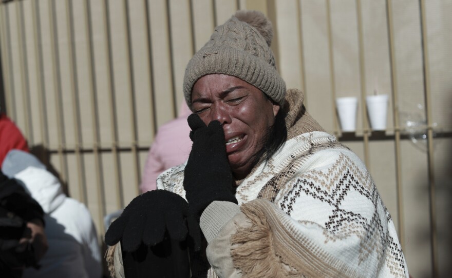 Colombian migrant Margelis Tinoco, 48, cries after her CBP One appointment was canceled at the Paso del Norte international bridge in Ciudad Juarez, Mexico, on the border with the U.S., Monday, Jan. 20, 2025, the inauguration day of U.S. President Donald Trump. (AP Photo/Christian Chavez)