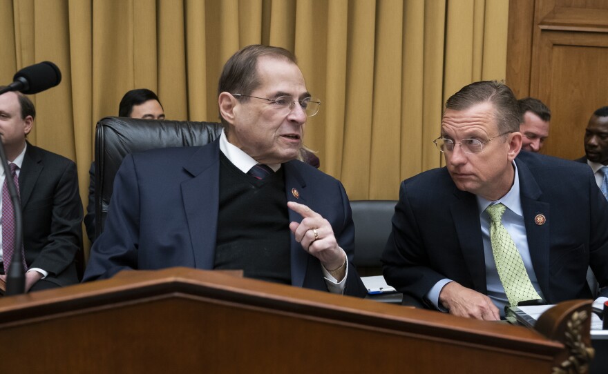 House Judiciary Committee Chair Jerrold Nadler, D-N.Y., debated with ranking member Doug Collins, R-Ga., (right) about his move to subpoena the Justice Department to obtain an unredacted copy of the Mueller report at a committee markup Wednesday.