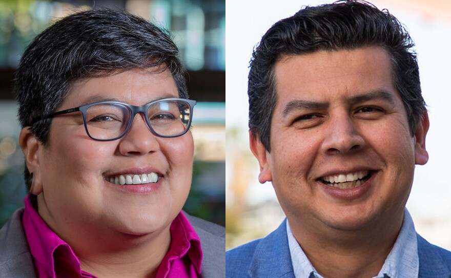 Georgette Gómez and David Alvarez in undated campaign photos.