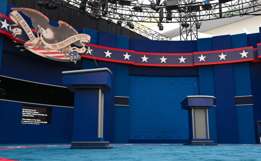 The stage of the first presidential debate, in Cleveland. Tuesday's debate between President Trump and Democratic nominee Joe Biden will be the first of three 90-minute debates between the two.