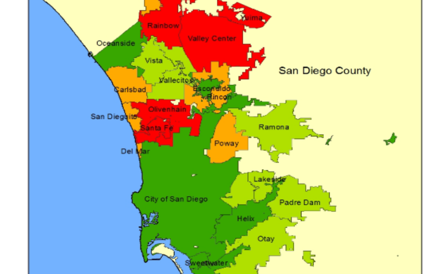 A map showing average daily consumption per resident for fiscal year 2014. The map shows that the City of San Diego has an average daily consumption between 64 and 90 gallons per resident. Ramona and Lakeside was 91 to 109 gallons, while Valley Center was 152 to 504 gallons.