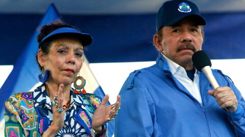 President Daniel Ortega and his wife, Vice President Rosario Murillo, lead a rally in Managua, Nicaragua, Sept. 5, 2018.