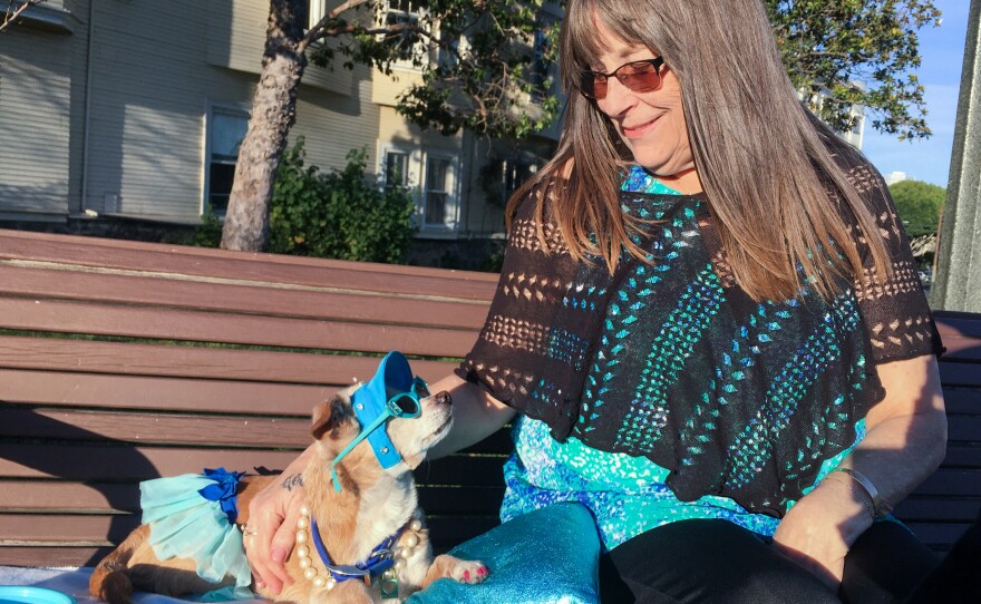 Diana McAllister takes her dog, Honey, to a park in San Francisco, where some owners have had to wait months to get veterinarian appointments.