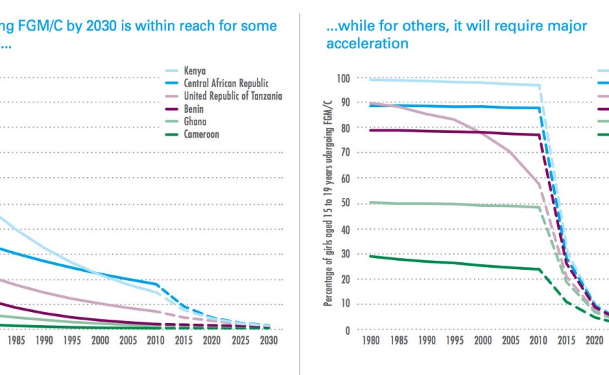 This chart tracks the changing rates of female genital mutilation in a sampling of countries — and projects the rate for 2030.