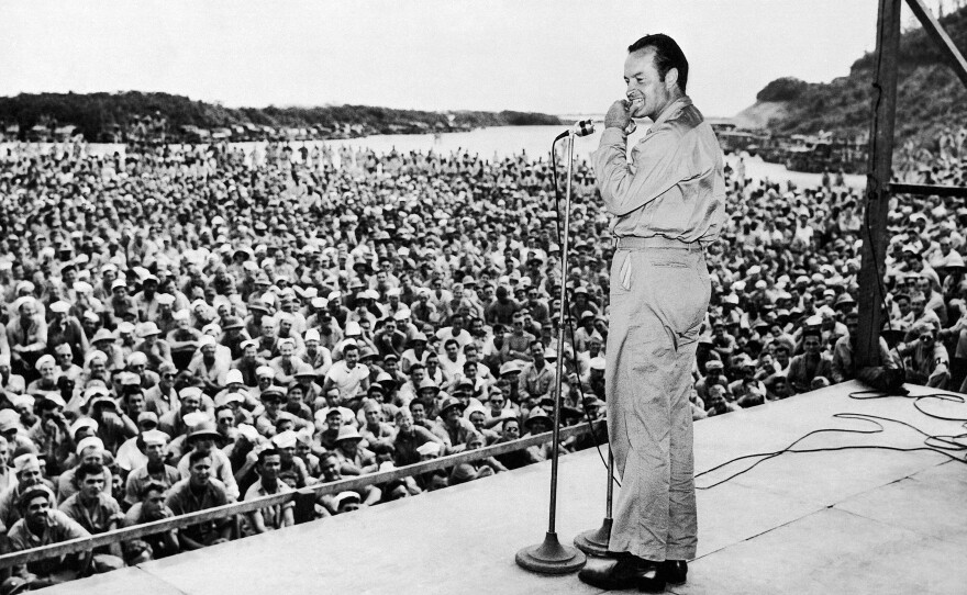 Bob Hope performs for servicemen at Munda Airstrip, New Georgia, Solomon Islands, in 1944.