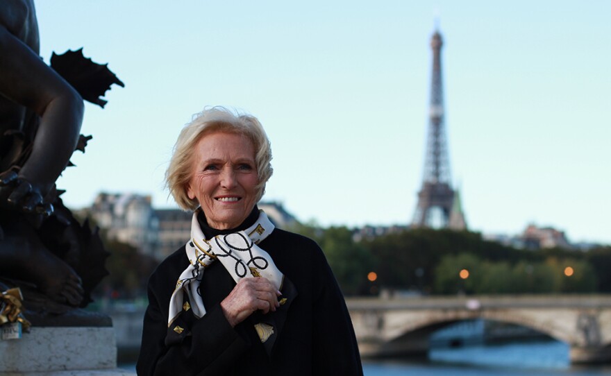 Mary Berry and the Eiffel Tower, Paris, France.