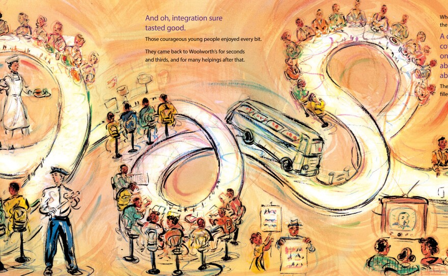 When author Andrea Davis Pinkney decided to write a book about a sit in, her husband Brian Pinkney asked, "How am I going to illustrate this, Andrea? They're just sitting." She told him: "Well, honey ... I'm sure you'll think of something." And he did. The lunch counter in <em>Sit-In</em> "takes on a life of its own," she says: It's a roller coaster, it's a road, it's a character in the story.