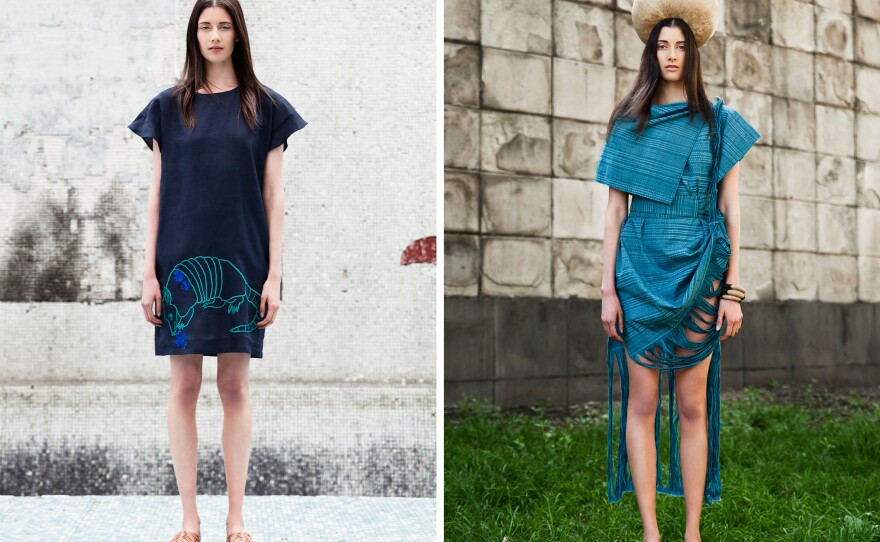 (Left) Mayan artisans from the Yucatan region hand-embroidered an armadillo onto this linen dress from Carla Fernández's Mayalands collection. (Right) This Fernandez dress is a traditional rebozo shape which honors the square root design of ancient patterns.