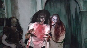KPBS arts reporter Beth Accomando and Luca Dismukes ready to scare attendees at The Haunted Trail of Balboa Park. Sept. 25, 2025