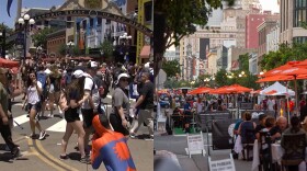 Comic-Con during 2019 under the Gaslamp sign downtown (left) and people eating outside along Fifth Ave (right).