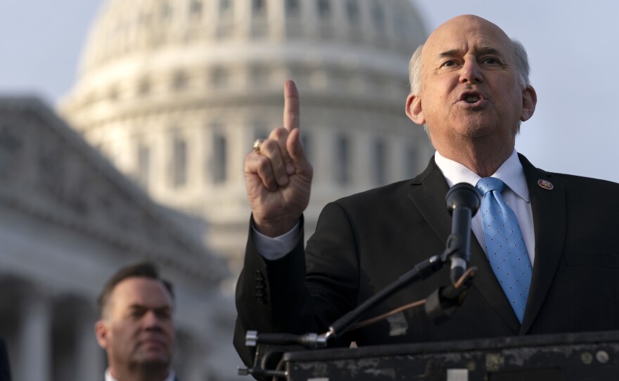 Rep. Louie Gohmert, R-Texas (right) speaks during a Dec. 3 news conference on Capitol Hill. Gohmert and other Republicans have filed suit to give Vice President Pence authority to count the votes of alternate electors.