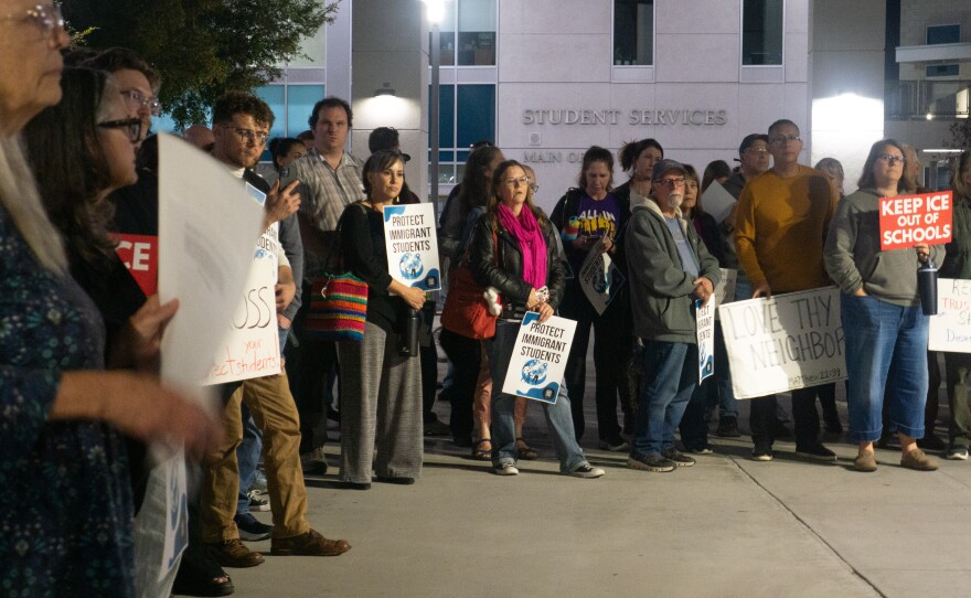 Students, teachers and community members gathered to listen to speeches in support of the resolution before the board meeting on Nov. 13, 2025.