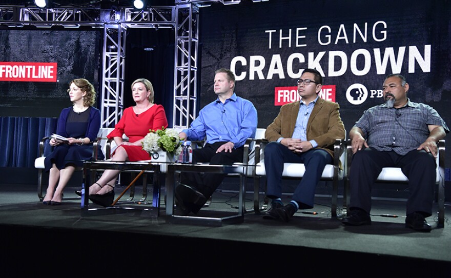 During PBS’ FRONTLINE “The Gang Crackdown” session at the Television Critics Association Winter Press Tour in Pasadena, Calif. on Wednesday, Jan. 17, 2018, senior staff attorney of NYCLU Philip Desgranges, writer, director and producer Marcela Gaviria (second from left), Commanding Officer of the Suffolk County Sheriff’s Office Gang Intelligence Unit Sgt. Steven Lundquist (center), former gang member and Executive Director of Homies Unidos Alex Sanchez (right) and series executive producer Raney Aronson-Rath (left) investigate killings linked to the MS-13 gang and the crackdown that swept up immigrant teens.