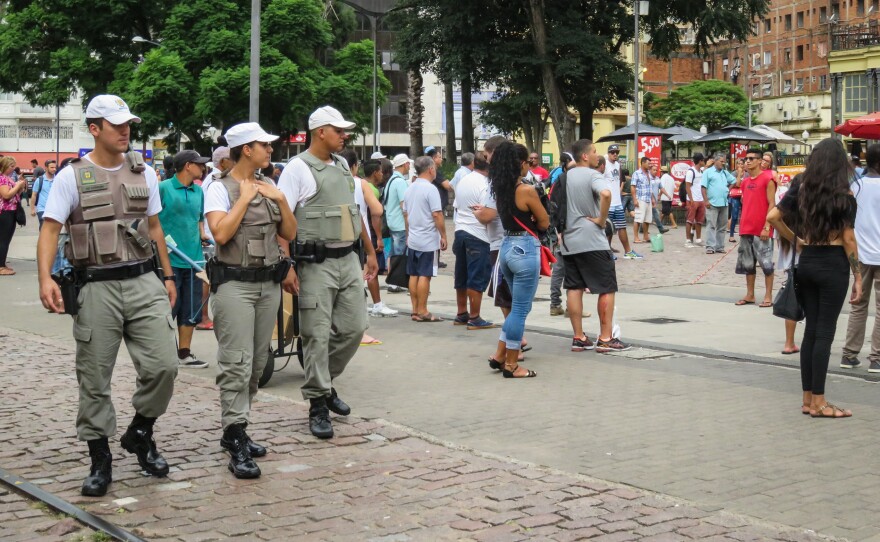 Military police patrol the streets of downtown Porto Alegre amid growing concern over rising crime.