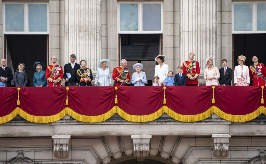 The Duke of Gloucester, Duchess of Gloucester, Princess Alexandra, Duke of Kent, Vice Admiral Sir Tim Laurence, the Princess Royal, Camilla, Duchess of Cornwall, Prince Charles, Queen Elizabeth II, Kate, Duchess of Cambridge, Princess Charlotte, Prince Louis, Prince George, Prince William, Countess of Wessex, James Viscount Severn, Lady Louise Windsor, and Prince Edward seen at Buckingham Palace.