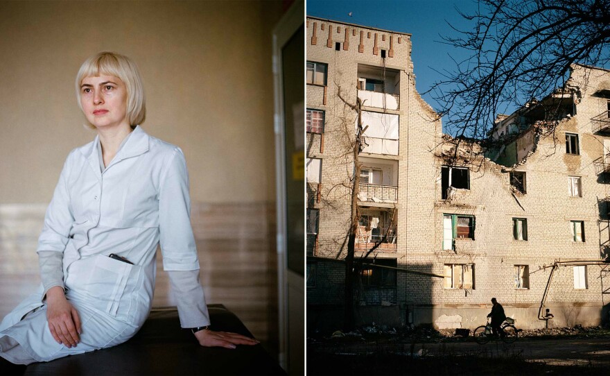 Left: Hanna Shcherbak is an anesthesiologist and medical director of Hospital 3 in Kramatorsk, Donetsk region. She's been living in Kramatorsk since 2005 but is originally from Donetsk city, which has been occupied since 2014. In December 2022, an average of two to three civilians were admitted daily as a direct result of the war. Right: A heavily damaged apartment block in Lyman, Donetsk region.