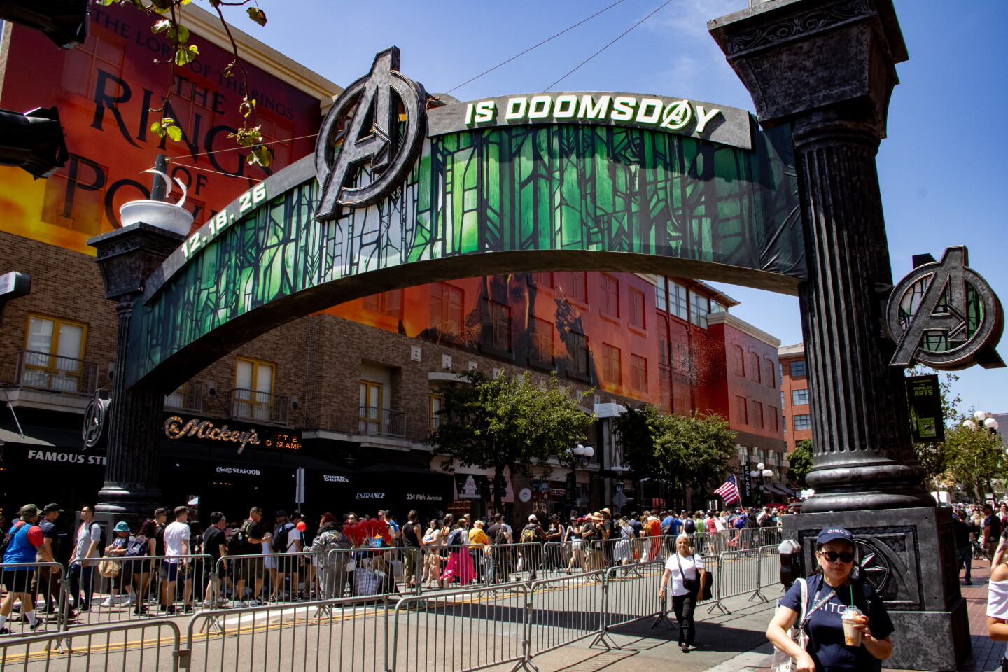 The Gaslamp District gates wrapped with Avenger Doomsday branding for Comic-Con, April 23, 2026.