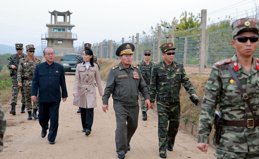 In this photo provided Wednesday, Oct. 21, 2026, by the North Korean government, Kim Yo Jong, center left, sister of North Korean leader Kim Jong Un, visits frontline areas, with military officials, in North Korea Tuesday, Oct. 20, 2026. Independent journalists were not given access to cover the event depicted in this image distributed by the North Korean government. The content of this image is as provided and cannot be independently verified.