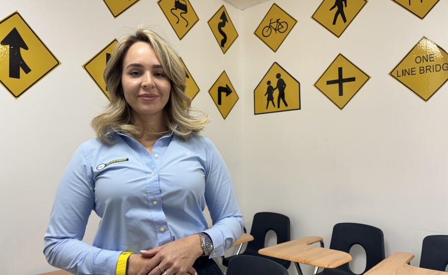 Johannes González, an instructor at Speedway Driving School in Hialeah, Florida, teaches Spanish-speaking students to memorize key words in order to pass the state's new English-only driving exam.