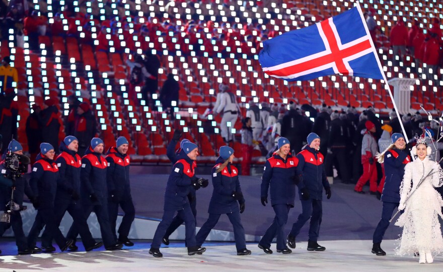 Iceland's Winter Olympics delegation has never produced a medal. The 2018 edition of the squad is seen here with their national flag at the Pyeongchang 2018 Olympic Winter Games Opening Ceremony.