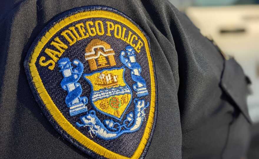 A San Diego police officer's patch in this file photo from March 14, 2022.