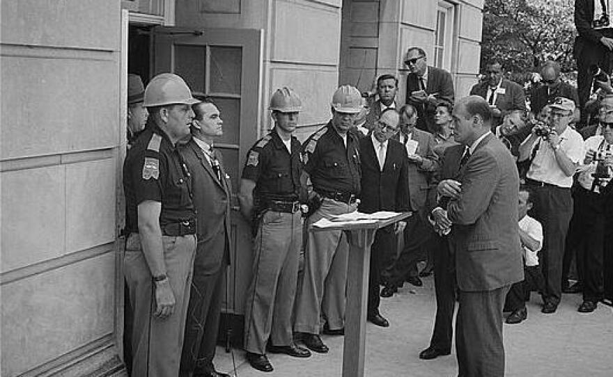 Alabama Gov. George Wallace attempting to block court-ordered integration at the University of Alabama in 1963.