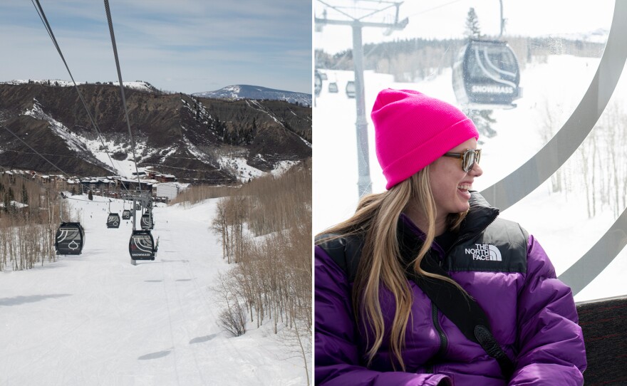 Garrett Wood, (right), smiles with her friend, Audrey Anthony, while carrying her son, Decklen Kusmierz, 11 months, on the gondola in Snowmass, Colorado. Wood's delayed wedding will be held at the ski resort this year.