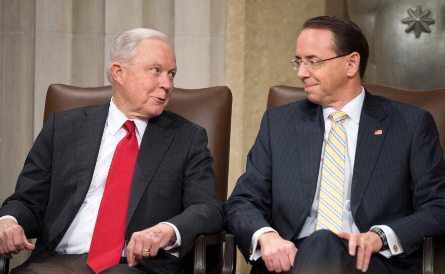 Then-Attorney General Jeff Sessions, left, and Deputy Attorney General Rod Rosenstein attend the U.S. Marshal Service's Director's Honorary Awards ceremony in Washington, D.C, on November 1, 2018.