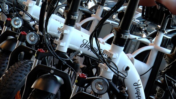 E-bikes lined up at Happy EBIKES in Encinitas, February 1, 2023.