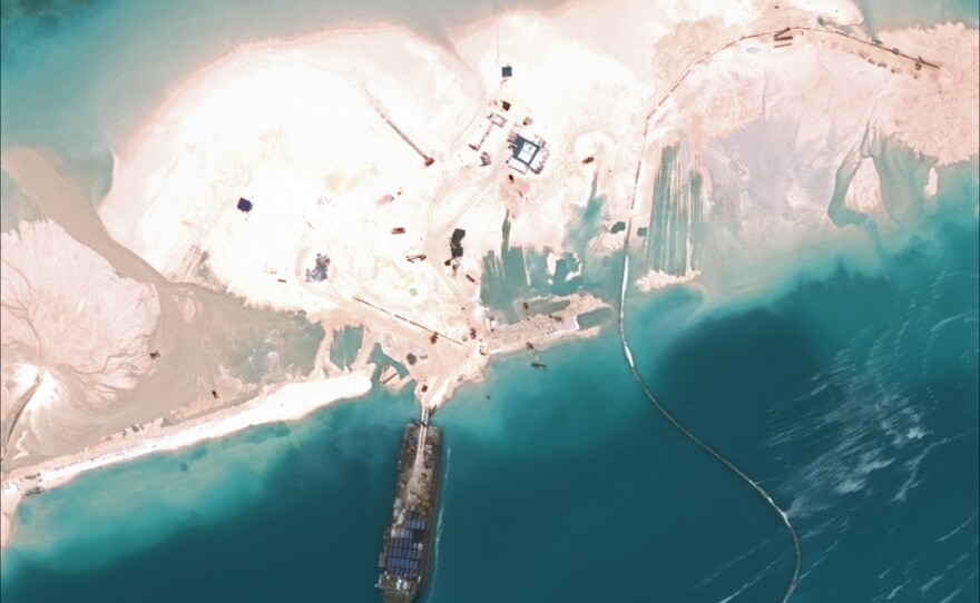 A March 16 satellite image from the CSIS Asia Maritime Transparency Initiative shows one of China's artificial islands in the South China Sea.