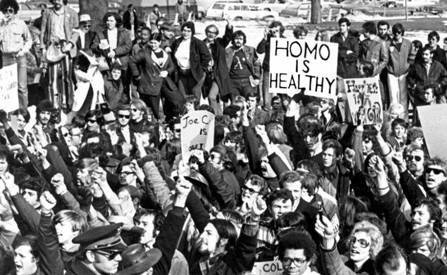 Demonstrators gathered in Albany, N.Y., in 1971 to demand gay rights and declare "Homo Is Healthy."