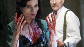 Sir Patrick Stewart in the title role looks on at his wife, Lady Macbeth, played by Kate Fleetwood, after she commits her terrible deed in the Great Performances production of "Macbeth."