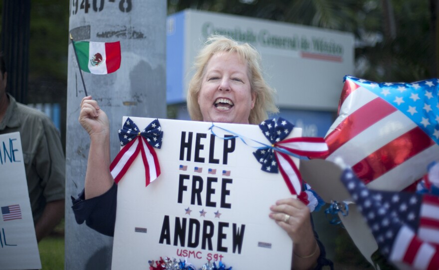 Jill Tahmooressi stands outside the Mexican Consulate in Miami, in May to protest the arrest of her son in Mexico. He was released by a federal judge in Mexico today.