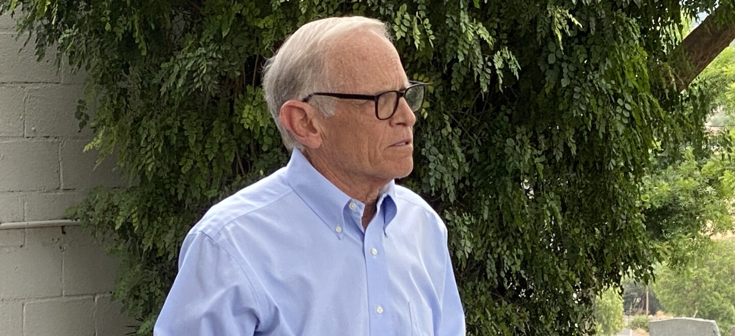 Pete Smith, a Ramona resident and member of the San Diego County Audit Committee, visits the Nuevo Memory Gardens, a 10-acre cemetery that opened in 1893. August 2023.