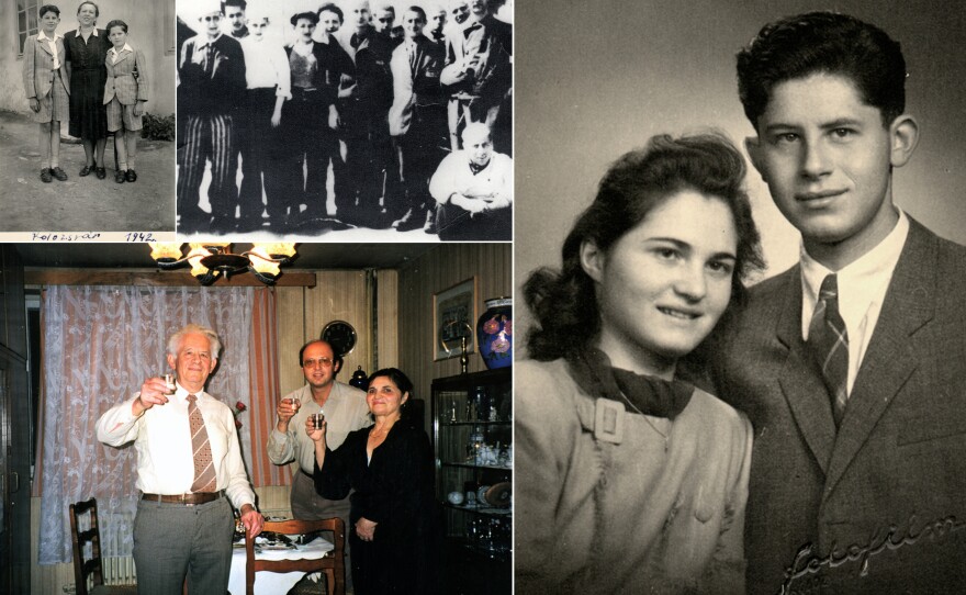 Laszlo Nussbaum, a survivor of the Holocaust (clockwise): Laszlo with his brother Sandor and mother Ilona in 1942, two years before his brother and mother died; Laszlo in Buchenwald with American soldiers after the liberation, 1945; Laszlo with his future wife Sylvia Brull, in 1947; Laszlo and Sylvia with their son in Cluj Napoca, Romania in 1999.