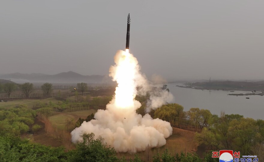 This photo provided April 14, 2023, by the North Korean government, shows what it says is the test-launch of Hwasong-18 intercontinental ballistic missile Thursday, April 13, 2023 at an undisclosed location, North Korea.