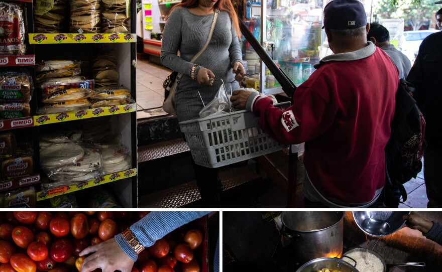 Lilian Mejía stocks up on essential produce to cook her signature dishes like chicken stew. "The first thing everyone says they miss when they leave their country is the food. We're happy we're able to bring home to them once a week," she says.