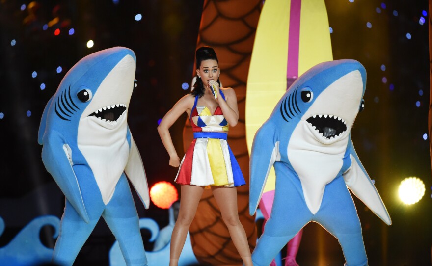 Singer Katy Perry performs (with her sharks) during the Super Bowl XLIX halftime on Feb. 1, 2015.
