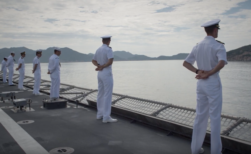 U.S. Navy sailors stand on a deck in this undated photo. 