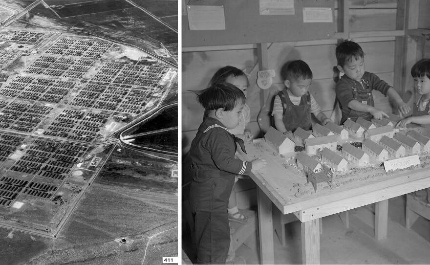 Aerial view, left, of Tule Lake Segregation Center circa 1944-46, and nursery school children with model barracks in 1942.