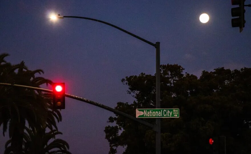 Street lights on a main street in National City on Nov. 4, 2025.