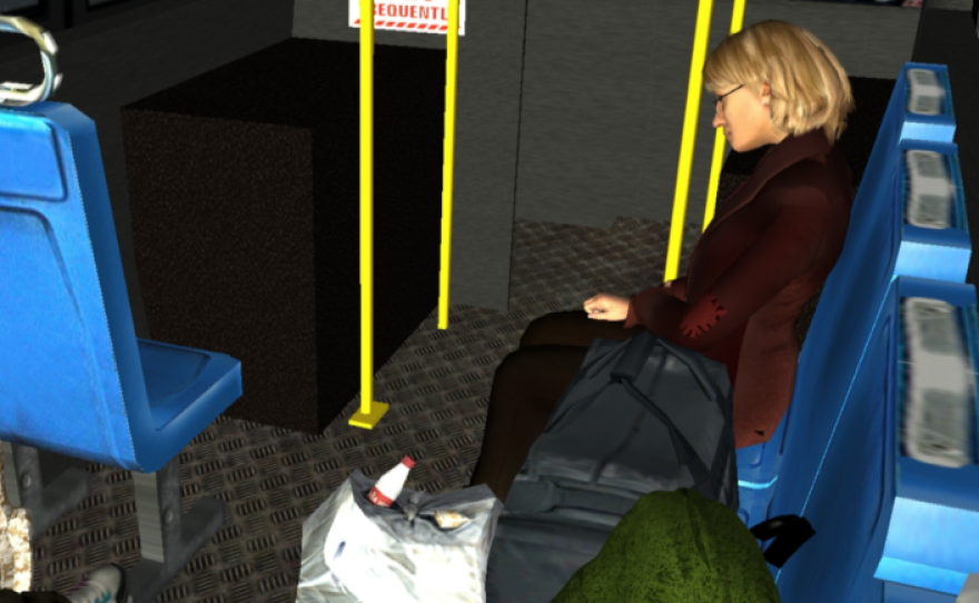 Stanford University's Virtual Human Interaction Lab is studying whether virtual reality makes people more empathetic to homeless people than other forms of media do. This scene simulates a woman sleeping on a bus.