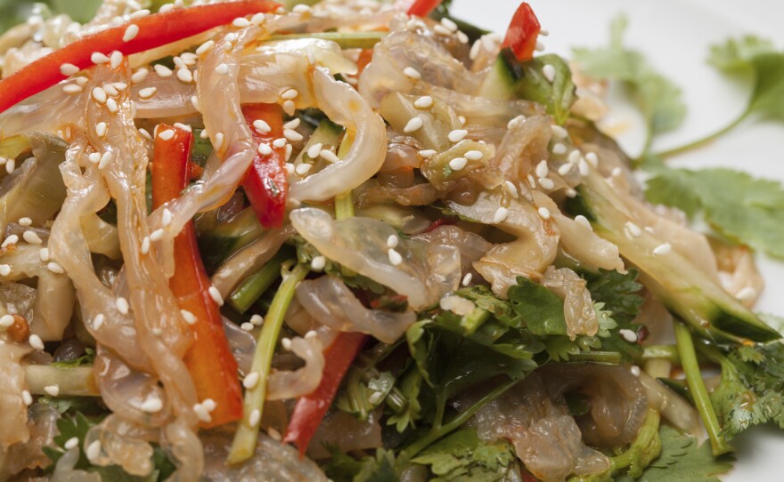 An Asian-style salad of jellyfish, red pepper and coriander.