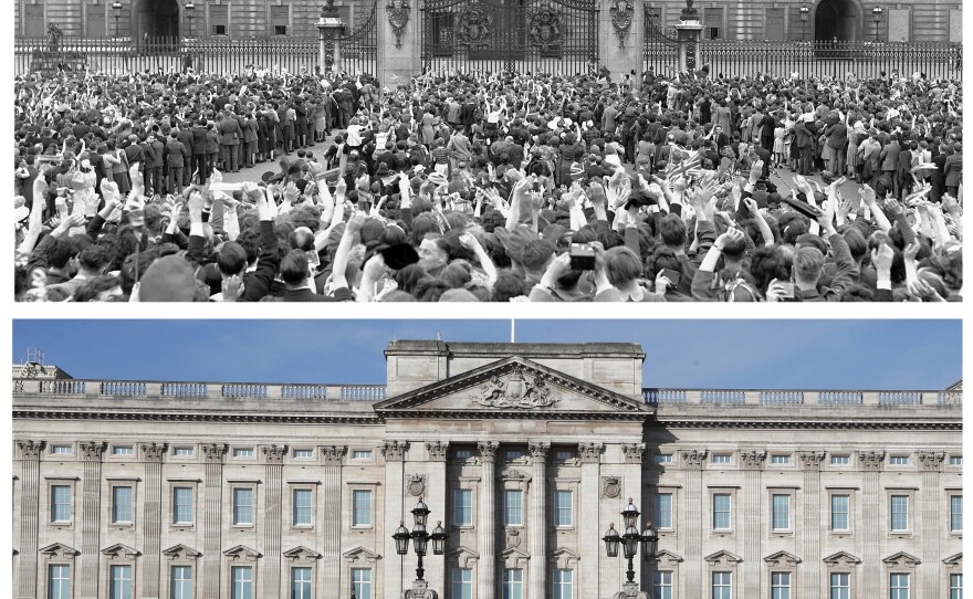 This diptych reveals the contrast: Vast throngs (top) turned up outside London's Buckingham Palace on V-E Day, May 8, 1945; but the scene appeared quite different on Friday, 75 years later (bottom), as the U.K. fought its serious coronavirus outbreak.