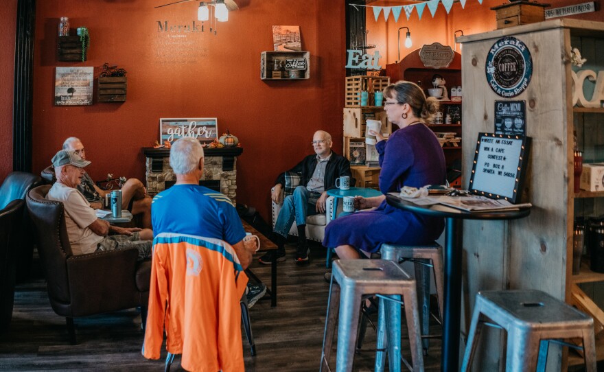 A group of residents in the nearby town of Sparta meet every morning at 7 a.m. at the Meraki Café on the main street of the town.