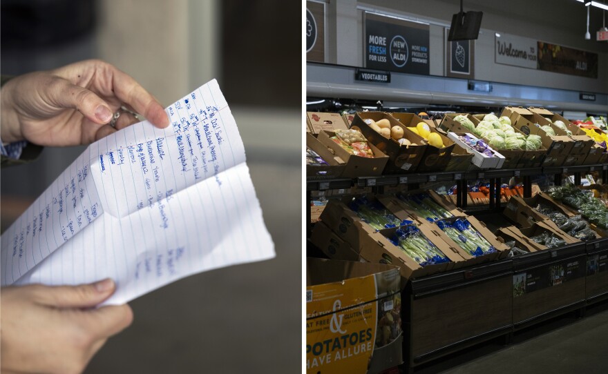 Left: Negro-Henderson pulls out her shopping list. Right: Produce is for sale in boxes at Aldi.